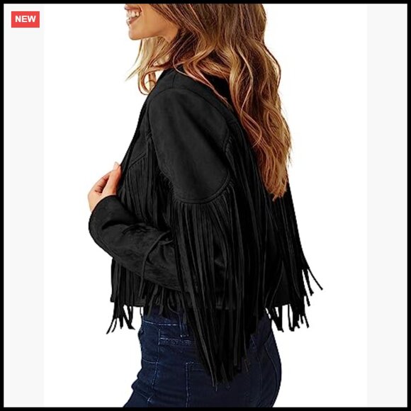 Faux Suede Fringe Cropped Jacket Motorcycle Biker Chic Fall Fashion - Picture 5 of 7